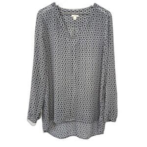 Caslon Geometric Pattern Popover Blouse Womens Large Blue Semi-Sheer V-Neck Top